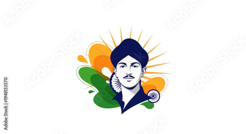 Illustration of a patriotic silhouette character paying tribute to Bhagat Singh on Shaheed Diwas with a flag of India and sunburst in the background