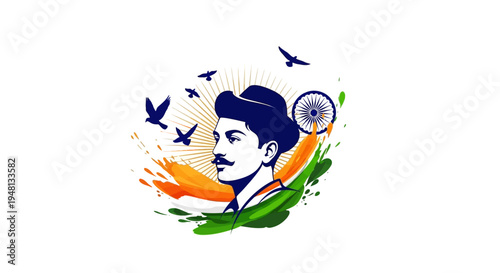 Illustration of a patriotic silhouette character paying tribute to Bhagat Singh on Shaheed Diwas with Indian flag and birds in a vibrant, symbolic design