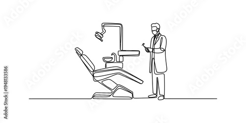 Continuous line drawing of a professional dentist standing next to a modern dental chair