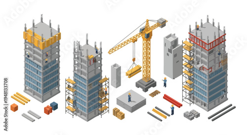 Isometric illustration of a construction site with buildings and machinery
