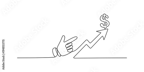 Continuous line drawing of a hand pointing to an upward arrow with a dollar sign symbol