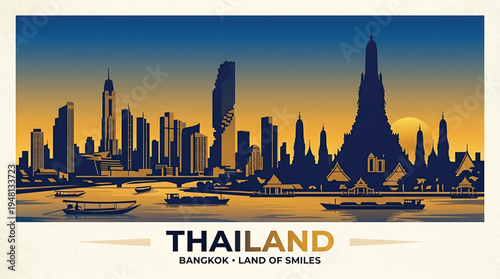 Vibrant Bangkok cityscape at sunset, Thailand landmarks and boats on the river, travel poster