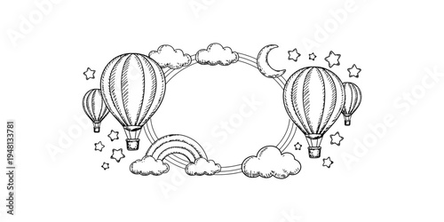 Hand drawn hot air balloon frame with clouds stars moon and rainbow for card design
