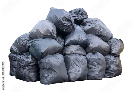 Garbage in many black garbage bags at garbage dump in giant stack isolated with clipping path in png file format