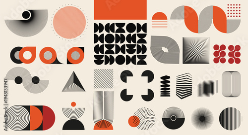 Abstract Geometric Patterns Set With Retro Mid Century Shapes, Lines, and Concentric Motifs