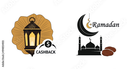 A set of two Islamic Ramadan icons one with a lantern and cashback offer the other with a mosque and crescent moon.