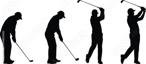 Golf player silhouette set featuring professional golfers in swing sequence, putting stance, follow-through, and drive motion for sports tournament design elements.