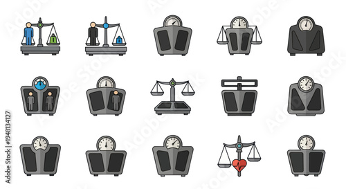 Collection of Various Illustrated Scales for Weight Measurement and Balance.