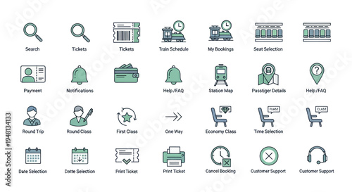 Collection of Minimalist Line Icons Representing Various Functions and Services.