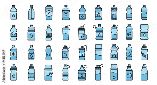 Diverse cartoon water bottles and drink containers filled with blue liquid icons.