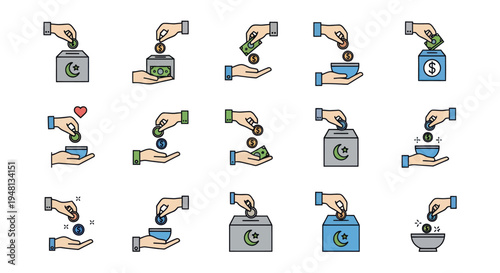 Collection of Hand Donation Icons with Coins and Receptacles.