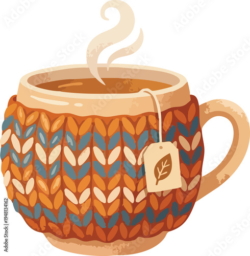 Cozy Steaming Mug with Knitted Sweater Sleeve Vector Illustration