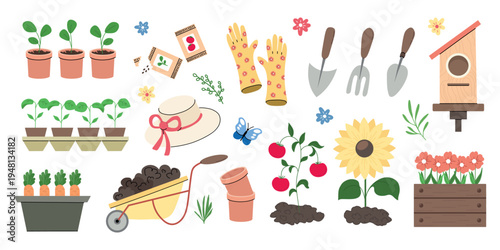 Cute Gardening Elements Set Flat Vector Collection