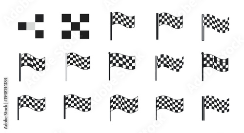 Waving checkered flag icon set for race finish and start symbols.