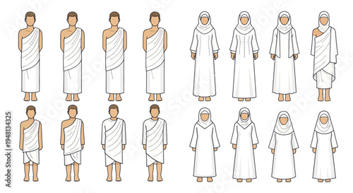 A collection of Muslim pilgrims men women and children wearing traditional white Ihram clothing for the Hajj.