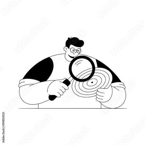 vector cartoon magnifying glass inspection of vinyl record line art illustration or monochrome vector illustration of a curious character examining a vinyl record with a magnifying glass