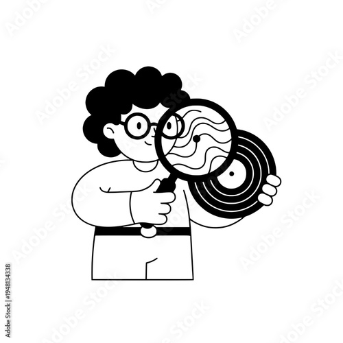 vector cartoon curator inspecting vinyl records with magnifying glass illustration or line art graphic curious collector examining analog vinyl with magnifier