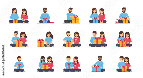 A collection of flat vector illustrations showing diverse couples sitting and exchanging colorful wrapped gift boxes.
