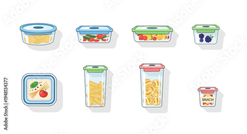 Collection of colorful plastic food containers with various shapes and sizes filled with different foods.