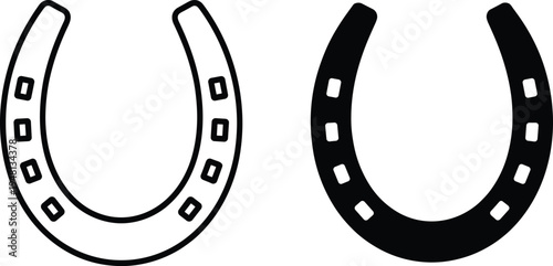 Vector illustration of two stylized horseshoe icons, one outlined and one solid, symbolizing luck, fortune, protection, and traditional design elements in minimal graphics.
