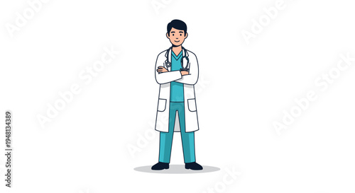 Professional Male Doctor Wearing Scrubs and Lab Coat with Stethoscope.