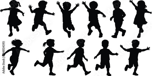 Happy children silhouettes set featuring boys and girls jumping, running, and playing for school, childhood, education, and active youth lifestyle graphics.