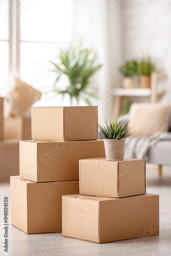 vertical shot cardboard moving boxes are stacked in a bright room. A small plant sits on top of one box. The scene has natural light coming in from the windows, showing a cozy atmosphere