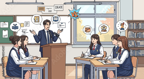 Students Debate in Classroom with Teacher Presenting Ideas