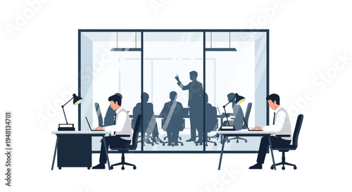Business professionals collaborating in modern office meeting room with glass walls