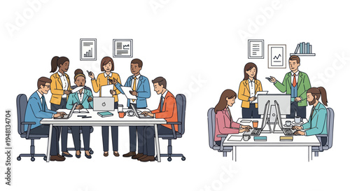 Diverse business team collaborating in modern office meeting and working at desks