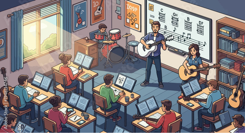 Music Class: Guitar Teacher Instructs Students Learning Instruments and Music Theory