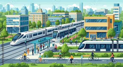 Eco-friendly city with electric trains, bicycles, and green buildings. Sustainable urban transport.