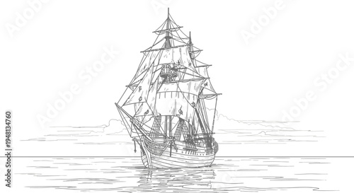Vintage Sailing Ship at Sea Level.