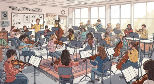 Diverse Students Orchestra Practice in Classroom with Teacher