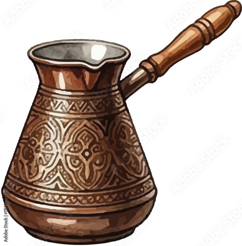 Traditional Turkish Coffee Pot Cezve with Ornate Copper Design