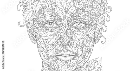 Woman Face Made of Leaves and Vines.