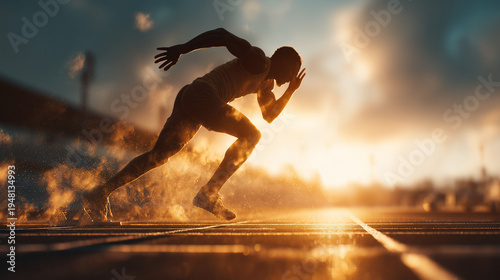 ultra realistic teenage runner starting sprint on track field, explosive start of male athlete in sunset stadium, athletic performance and high speed sports photography