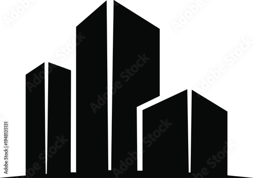 Modern city skyline silhouette icon representing urban architecture, skyscraper buildings, real estate development and downtown cityscape isolated on white background vector illustration
