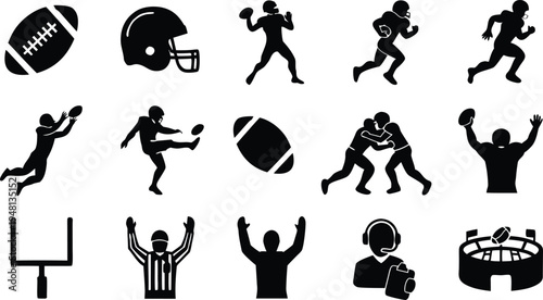american football sports icon set. player silhouettes, game equipment, and stadium symbols. vector illustration