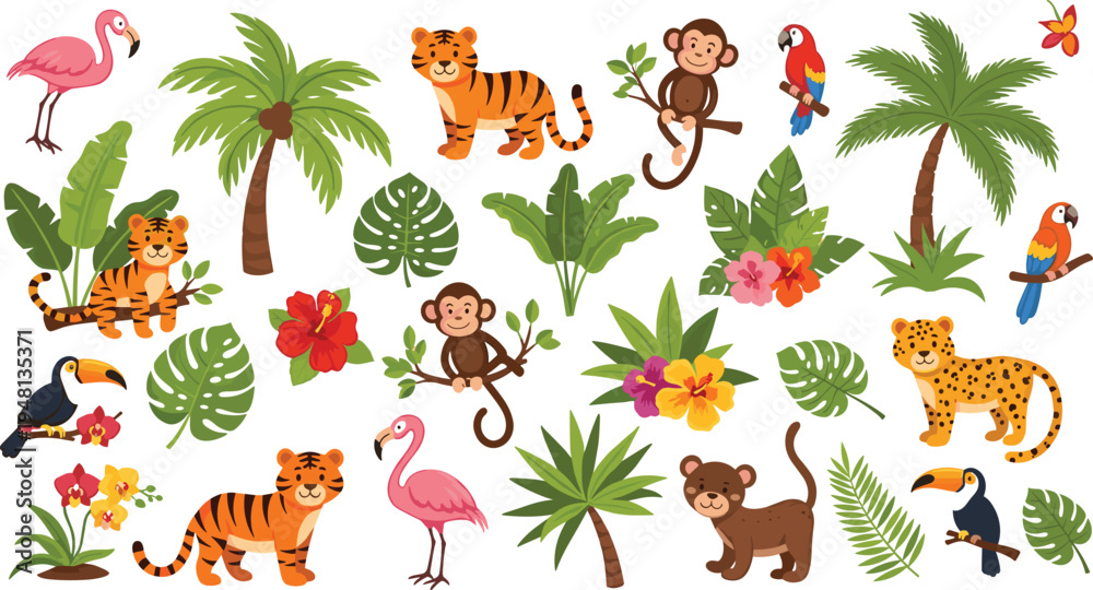 Obraz premium Cute Tropical Jungle Animal Collection with Tiger, Monkey, Flamingo, Toucan, and Exotic Palm Leaves for Children's Illustrations, Nursery Decor, and Safari Birthday Party Designs