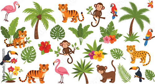 Cute Tropical Jungle Animal Collection with Tiger, Monkey, Flamingo, Toucan, and Exotic Palm Leaves for Children's Illustrations, Nursery Decor, and Safari Birthday Party Designs