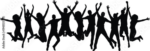Jumping happy people silhouettes group, excited crowd celebration party success teamwork fun vector illustration