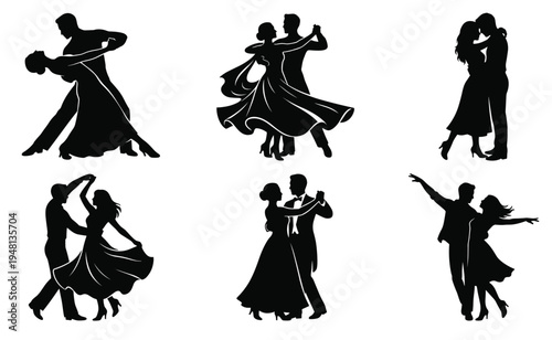 Romantic ballroom dancing couples silhouettes set, elegant partner waltz tango dance poses vector illustration collection