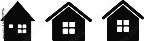 Set of house icons with windows and roof silhouettes, simple home symbol collection for real estate, property, housing, architecture, and residential design concepts
