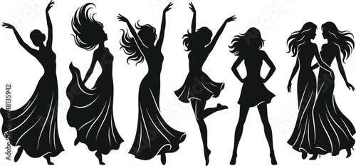 Elegant dancing women silhouettes collection, female dancers in flowing dresses poses, beauty fashion movement vector illustration