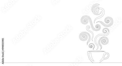 Steaming hot coffee cup with swirls.