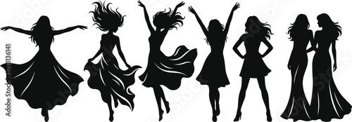 Elegant dancing women silhouettes set, graceful female dancers in flowing dresses fashion pose vector illustration