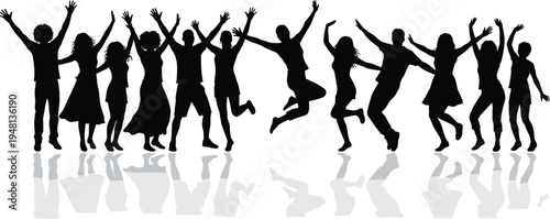 Happy jumping people silhouettes, excited crowd celebrating party fun success teamwork celebration vector illustration