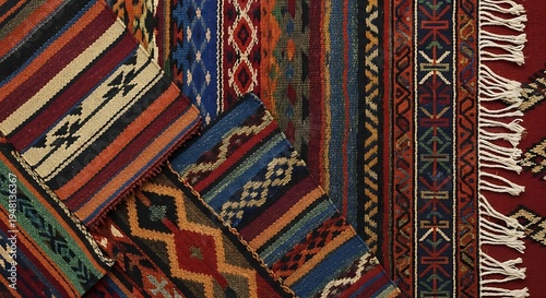 Colorful woven textiles feature geometric patterns and fringed edges.