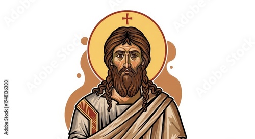 A detailed digital illustration of a saintly figure featuring a traditional golden halo design